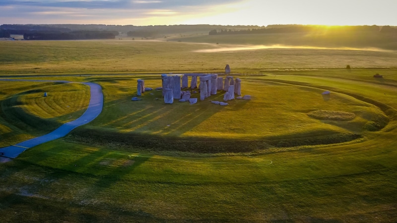 UK, road, sky, morning, field, Wiltshire, stone, nature, sunrise, 1080P, shadow, Stonehenge, horizon, landscape, England