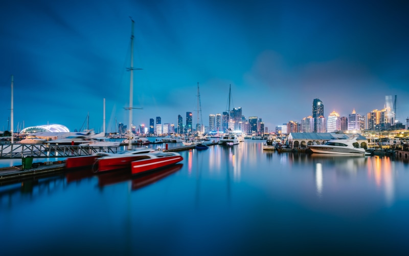water, illuminated, night, sailing, modern, built structure, capital, 4K, harbor, office building exterior, mode of transportation, moored, building exterior