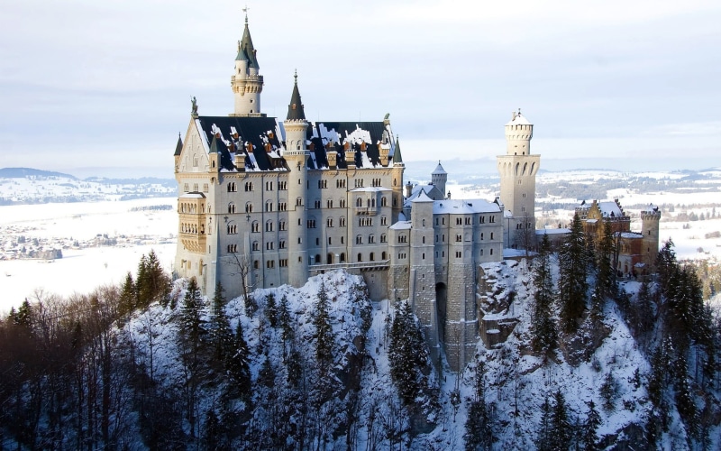 place of worship, Neuschwanstein Castle, outdoors, religion, stone, brown, nature, built structure, plant, cold temperature, winter, concrete, snow, spire