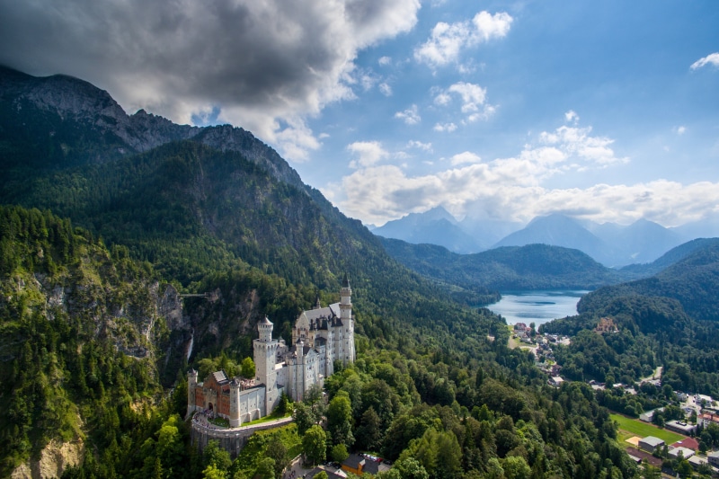 mountains, townscape, Bavaria, day, cityscape, architecture, Bayern, town, outdoors, building, built structure, high angle view, 4K, castle, Neuschwanstein Castle