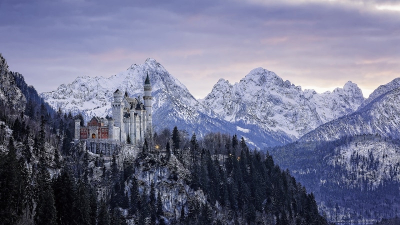 tranquil scene, formation, castle, mountain peak, snow, tranquility, concrete, no people, Bavaria, beauty in nature, plant, architecture, cold temperature
