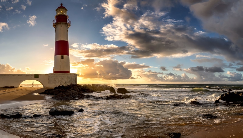 clouds, Brazil, sea, 5K, the sun, stones, coast, the sky, lighthouse, horizon, dawn, surf, Bahia, Salvador