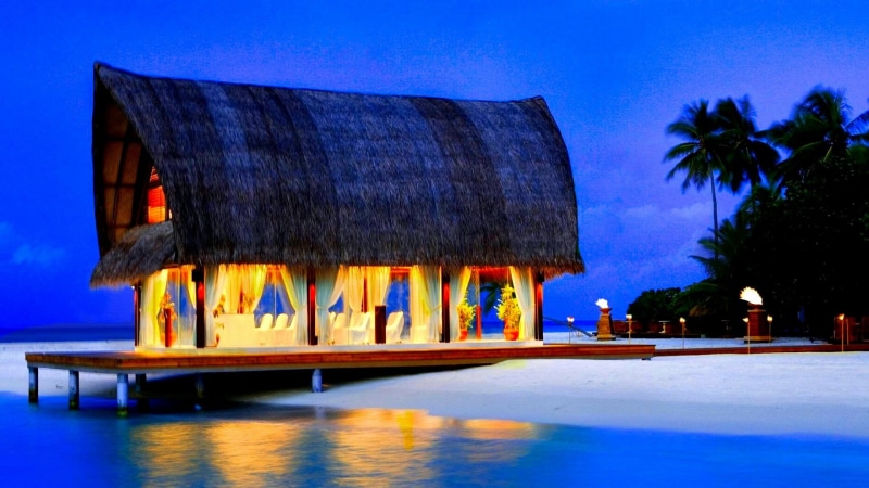 architecture, built structure, illuminated, wood - material, shore, palm tree, blue, evening, 1080P, swimming pool, resort, house, tree, outdoors, clear sky