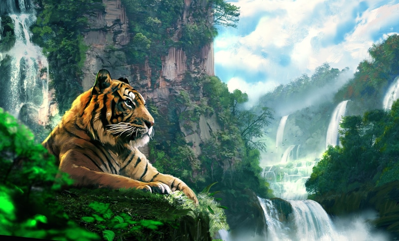 nature, one animal, waterfall, tiger, art, feline, tropical Rainforest, animal wildlife, scenics - nature, animals in the wild, large, travel, forest, black