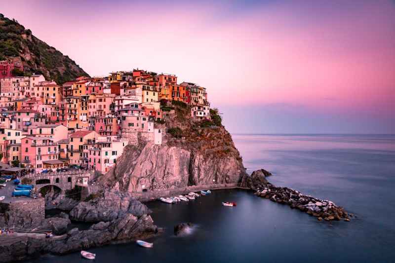 5K, horizon over water, built structure, sea, transport, scenics - nature, building, sunrise, ocean, manarola, village, home, rock, beauty in nature, water
