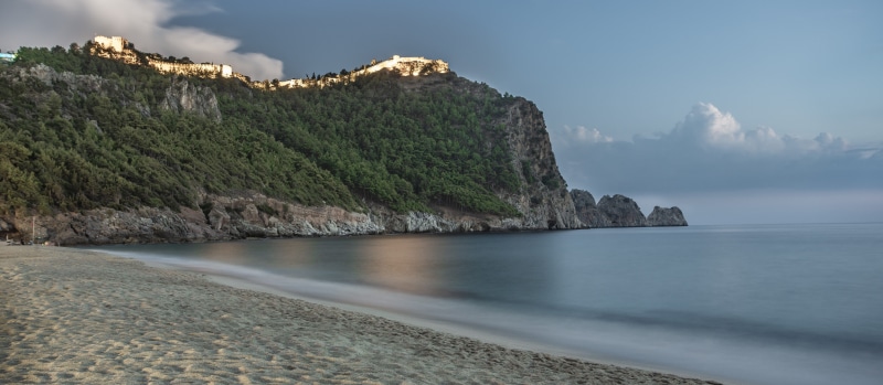 scenics - nature, mediterranean, sunset, tranquility, rock - object, sea, solid, beach, background, castle, nature, bay, water, kızılkule, no people, seascape