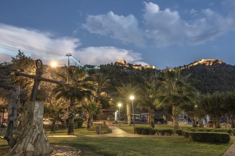 no people, street, tree, growth, castle, peace, tranquil scene, sunset, kızılkule, land, beach, cloud - sky, mediterranean, illuminated, alanya, 5K, lighting equipment
