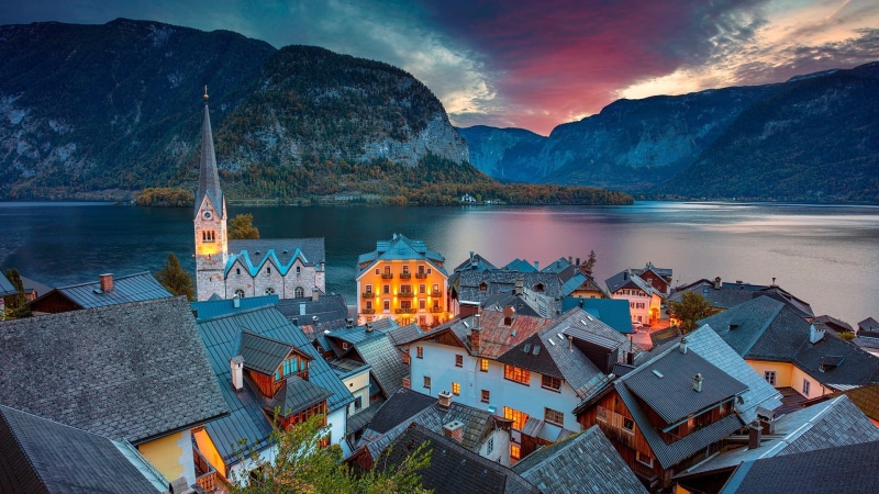 lake hallstatt, hotel gruener baum, austria, salzkammergut, europe, hallstatt, lake, 1080P, hallstattersee, mountain village, mountain lake