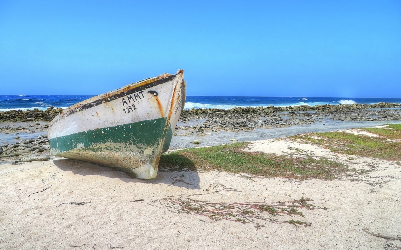 blue, boat, tranquility, green, clear sky, 2K, rowboat, Baby Beach, outdoors, tranquil scene, nature, abandoned, sea, water, beauty in nature, no people