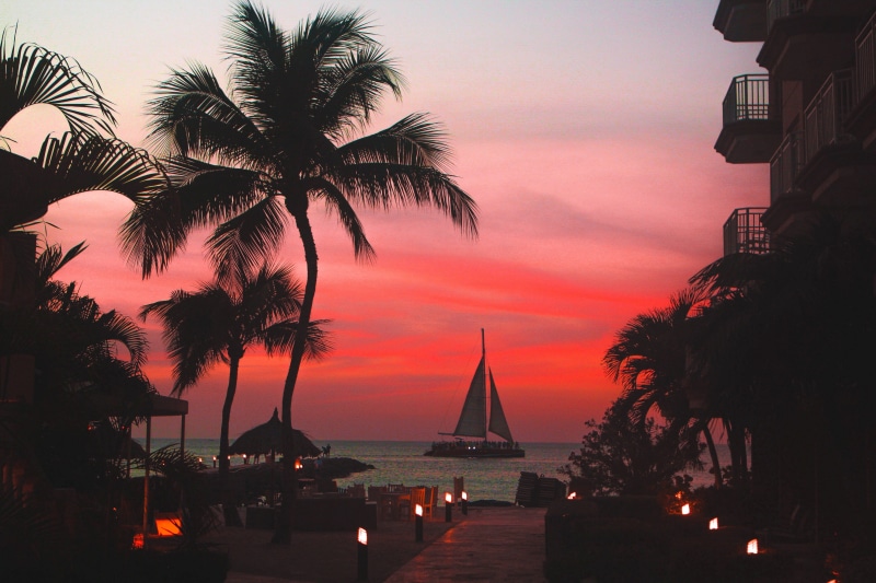 tranquility, sunset, nature, sea, architecture, cloud - sky, sailboat, silhouette, tropical climate, noord, palm tree, plant, travel destinations, beach