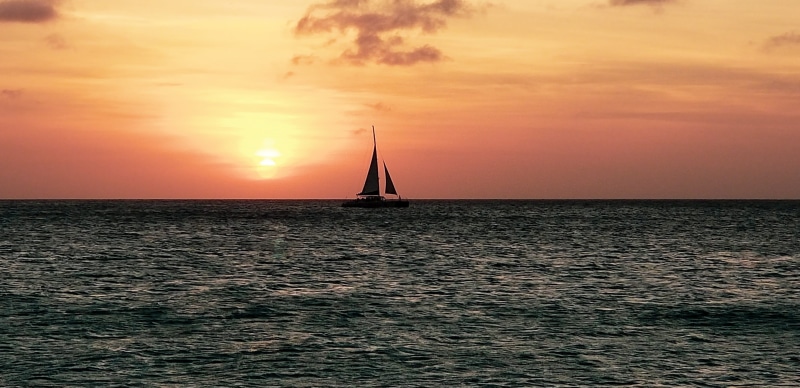 aruba, travel, 2K, scenics - nature, sea, ocean, luxury, sunset, nature, yachting, tranquil scene, idyllic, no people, nautical vessel, sailing, horizon