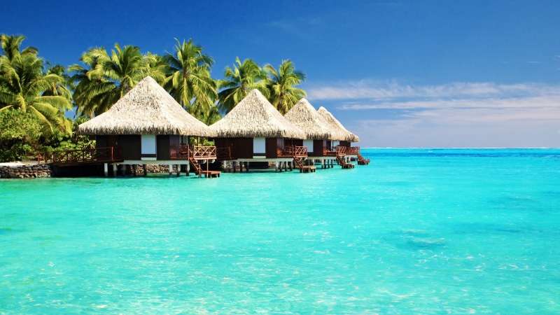 tranquil Scene, brown, sunlight, sky, hut, french Polynesia, luxury, landscape, water, hotel, 2K, island, palapa, beautiful, tropical Climate, nature