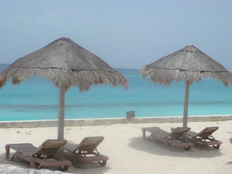 clouds, calm, palapas, rest, outdoors, horizon, cancun, turquoise, peaceful, beauty, land, parasol, umbrella, thatched roof, two, sand, 1080P, water, gray