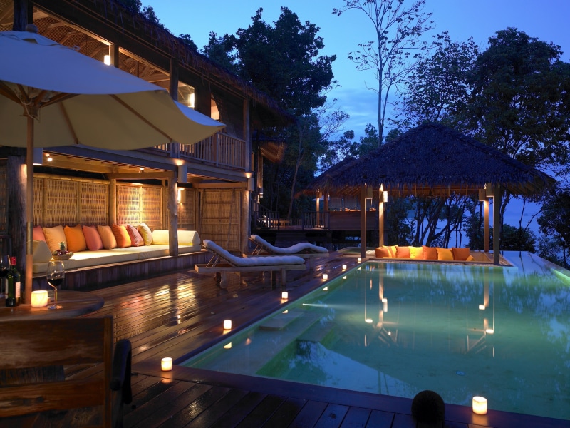 house, villa, tranquil Scene, tropical Climate, modern, wealth, brown, chair, illuminated, pillow, outdoors, holiday Villa, reflection, swimming Pool, wood - Material