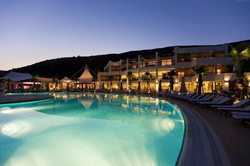 resort, vacation, sunbed, Turkey, reflection, Latanya Bodrum Beach Resort, light, booking, pool, twilight, 4K, travel, hotel