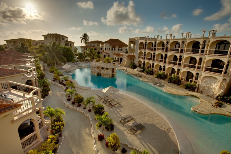5K, tourism, resort, sun, high angle view, pool, Belize, nature, travel, sunbed, water, vacation, San Pedro, building, travel destinations, sky, Hotel