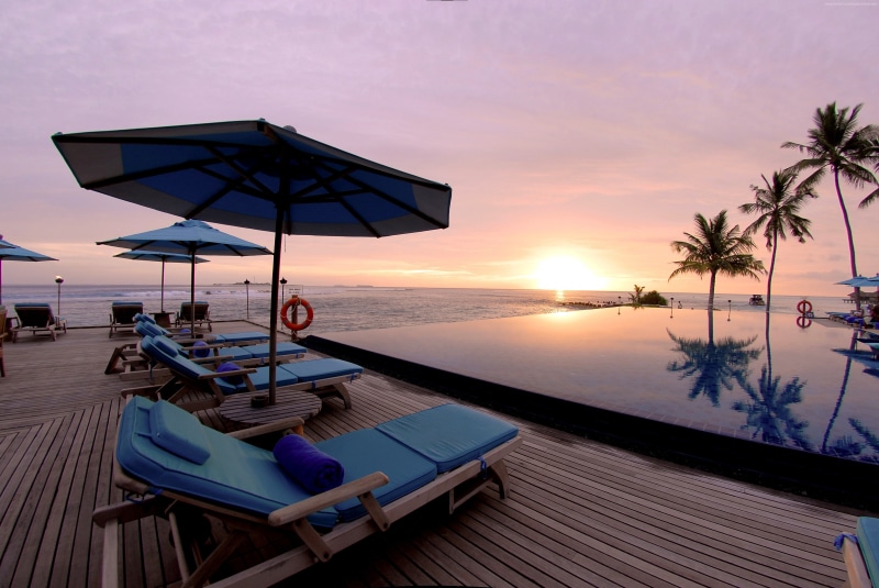 sunbed, Best Hotels of 2017, travel, ocean, tourism, Anantara Veli Resort and Spa, resort, sea, sunset, 4K, Maldives, vacation, sunrisem pool