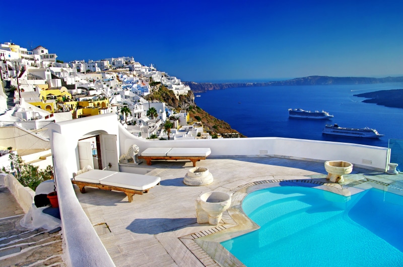 sunbeds, view, sea, Bay, home, Santorini, island, 2K, Greece, coast, ships, pool
