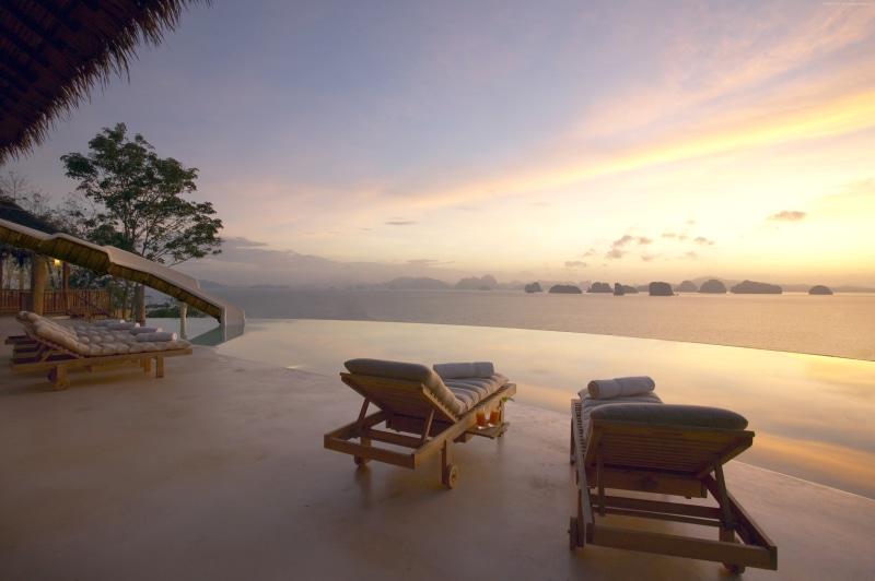 outdoor chair, Six Senses Yao Noi, Koh Yao Noi, sunset, Eco, scenics - nature, non-urban scene, sunrise, swimming pool, pool, sky, chair, travel, nature