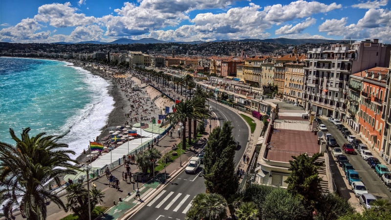 coast, aerial photography, car, city, french riviera, sea, architecture, incidental people, sky, cloud - sky, plant, beach, europe, cityscape, building exterior