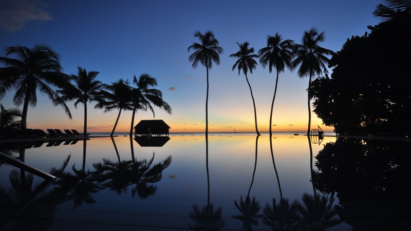 reflection, meeru, sky, evening, palm tree, bungalow, dusk, palm, overwater bungalow, 4K, horizon, arecales, water, north male atoll, sea, tropics, calm