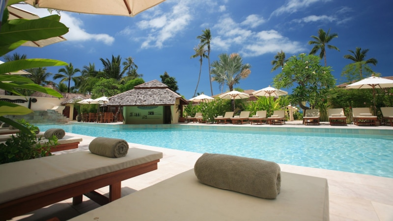 luxury, no people, outdoors, tourist resort, palm tree, swimming pool, luxury hotel, chair, resort town, tropics, nature, holiday, samui island, home, poolside