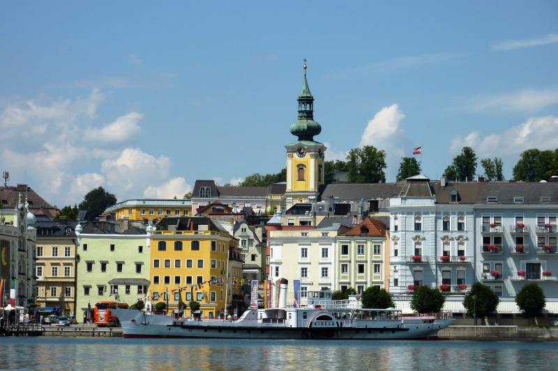 public domain, residential district, building Exterior, nature, day, towers, mode of transportation, passenger craft, famous Place, city, Gmunden, tourism
