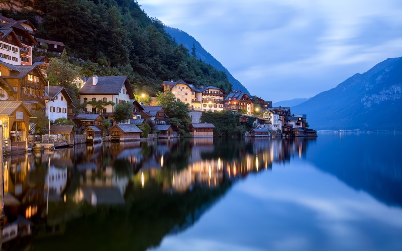 dusk, beauty in nature, peaceful, desktop, no people, built structure, lake, gmunden, landscape, mountain, upper, water, austrian, hallstatt
