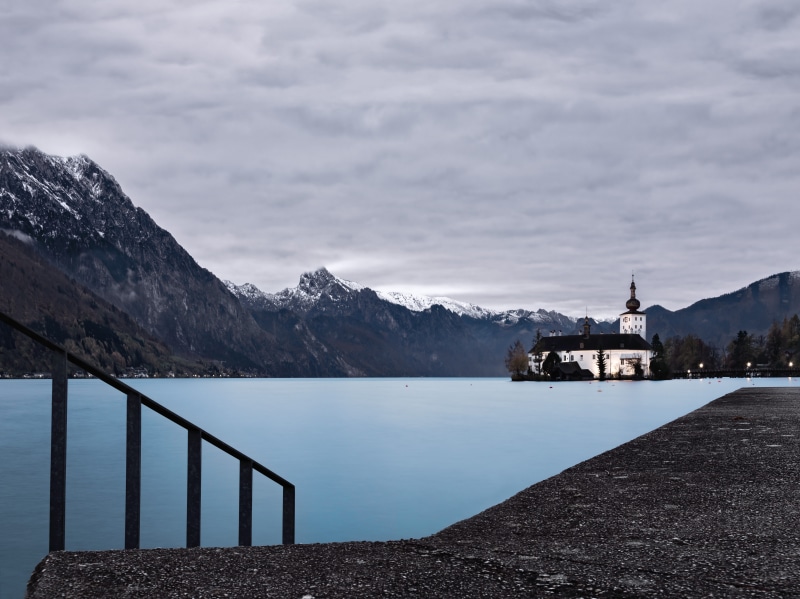 architecture, traunsee, castle, snow, built structure, seeschloss, cloud - sky, 8K, mountain, tranquil scene, mountains, mystical, winter, snowy, snowcapped mountain