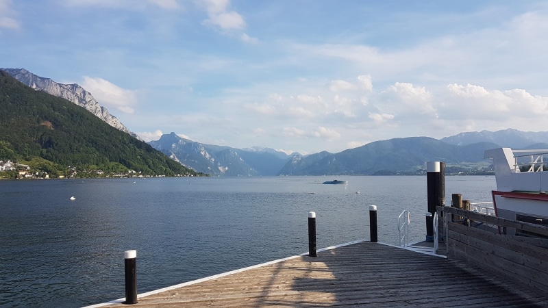 cloud - sky, 1080P, outdoors, day, wood - material, mountain, tranquil scene, landscape, salzkammergut, nature, built structure, traunsee, tranquility