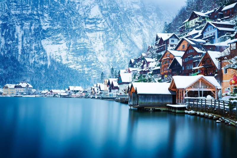 urban, house, lake, Austria, photography, winter, 1080P, snow, Hallstatt, water, mountains, landscape, nature