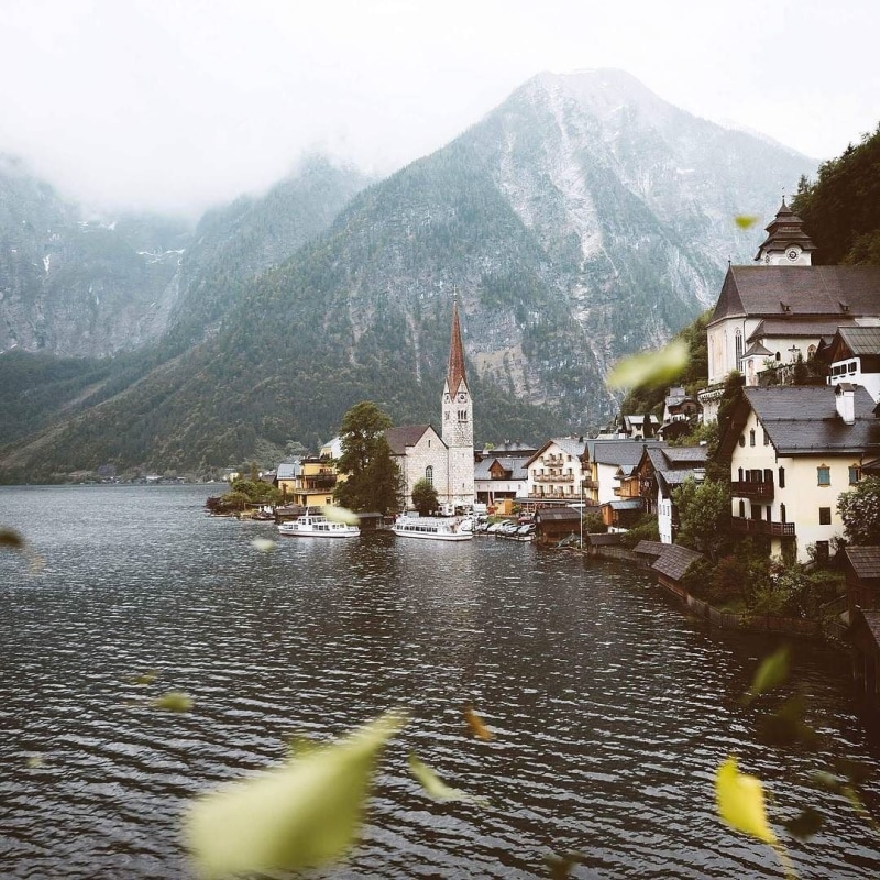 leaves, town, village, religion, trees, building exterior, architecture, day, building, ship, mountains, no people, house, mountain, 480P, nature, water
