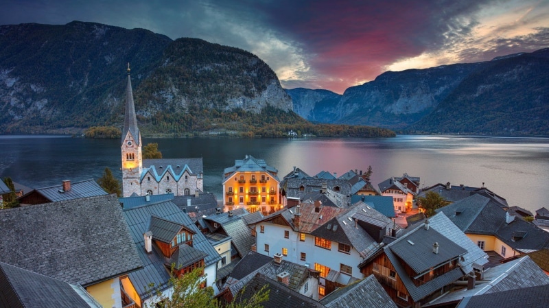 church, mountains, Austria, Hallstatt, 720P, rooftops, lake