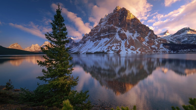 reflection, cloud, alberta, idyllic, 1080P, outdoors, reflection lake, national park, no people, nature, tranquility, bow lake, snow, lake, mountain range