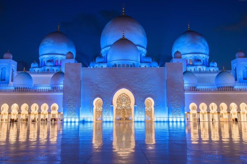 built structure, night, city, architecture, building, arch, illuminated, travel destinations, place of worship, nature, blue, sky, Abu Dhabi, travel, 8k