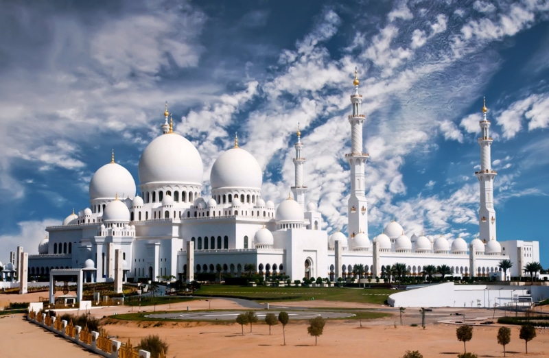cloud - sky, belief, 1080P, day, Mosques, building exterior, travel destinations, Sheikh Zayed Grand Mosque, nature, sky, no people, travel, dome, religion