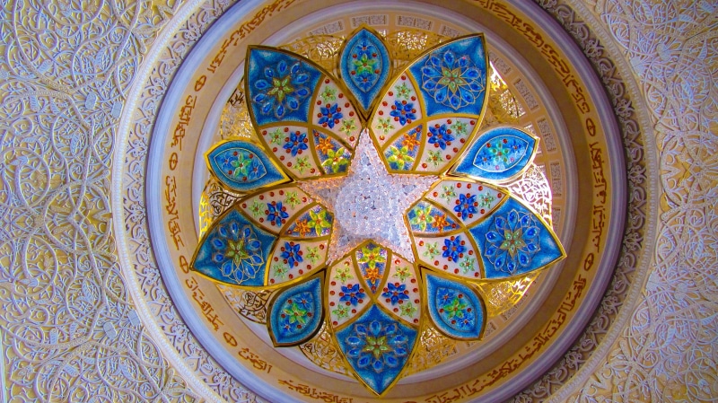lamp, mural, building, blue, dome, no people, islam, chandelier, built structure, directly below, multi colored, u a e, uae, ceiling, arabia, mosque, shape