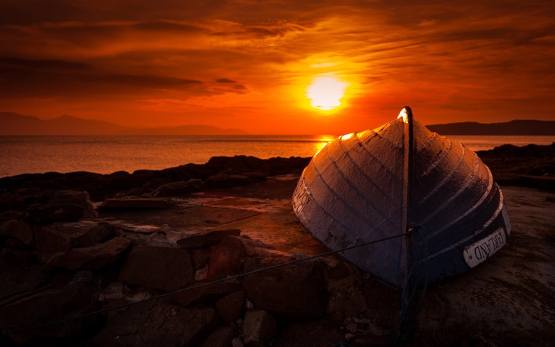 tranquility, 2K, dome, boat, white, black, orange color, sky, sunset, cloud - sky, scenics - nature, outdoors, sea, beach, idyllic, no people, solid, horizon over water