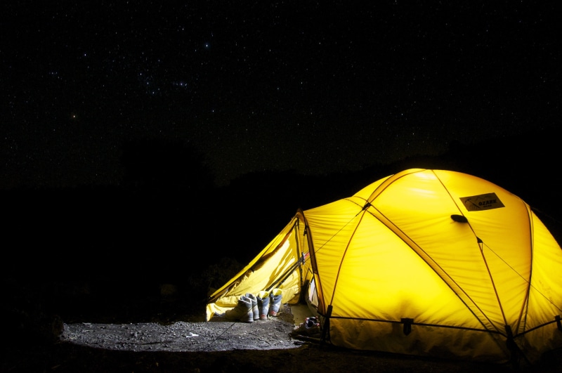 sitting, tranquility, star, scenics - nature, no people, leisure activity, expedition, stay, nature, star - space, 4K, remote, yellow, tent, land, illuminated