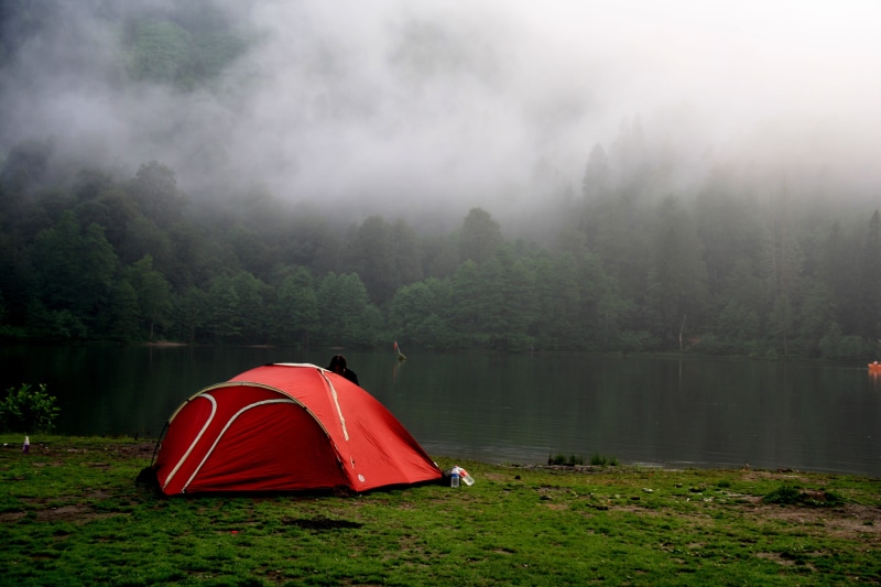 adventure, peace, forest, tent, fog, placed, natural turkey, scenics - nature, beauty in nature, tree, plant, land, landscape, grass, near, red, 4K, lake