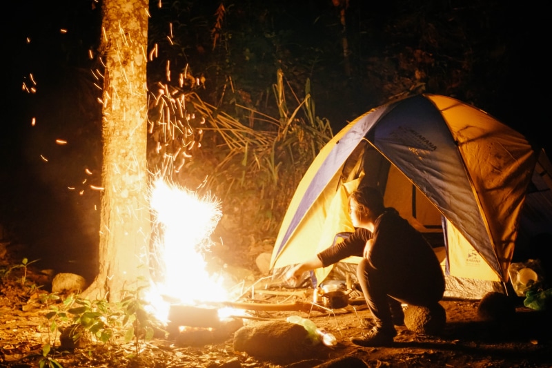 lifestyles, taken, front, leisure activity, bonfire, camping, night, beside, near, campfire, tent, sparks, flame, nighttime, fire, fire - natural phenomenon