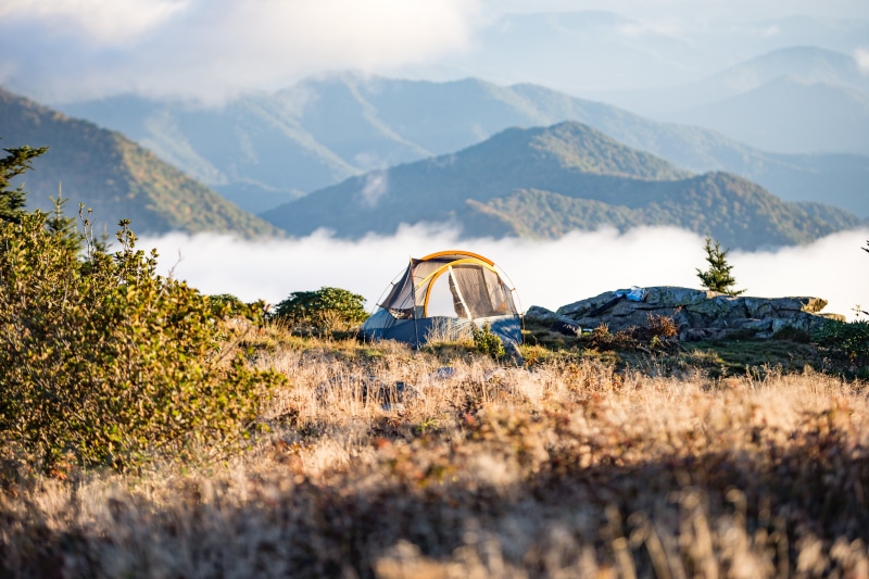 scenics, blue, beauty in nature, 5K, environment, land, nature, outdoors, yellow, woods, tent, foggy, scenic, mountain range, misty, hazy, day, leisure activity