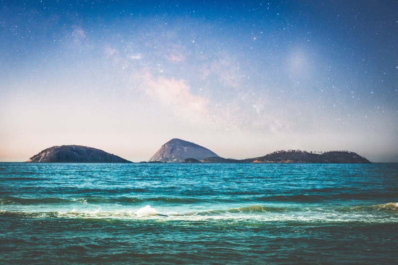 space, brazil, light, mountains, tranquil scene, wave, outdoors, aquatic sport, sport, land, coast, 5K, universe, ipanema, starry sky, across, mountain