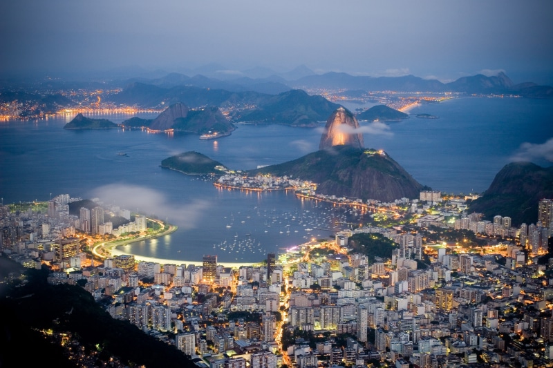 janeiro, Brazil, rio, Rio de Janeiro, Buildings, de, lights, houses, Sea, coast, evening, 2K, mountains