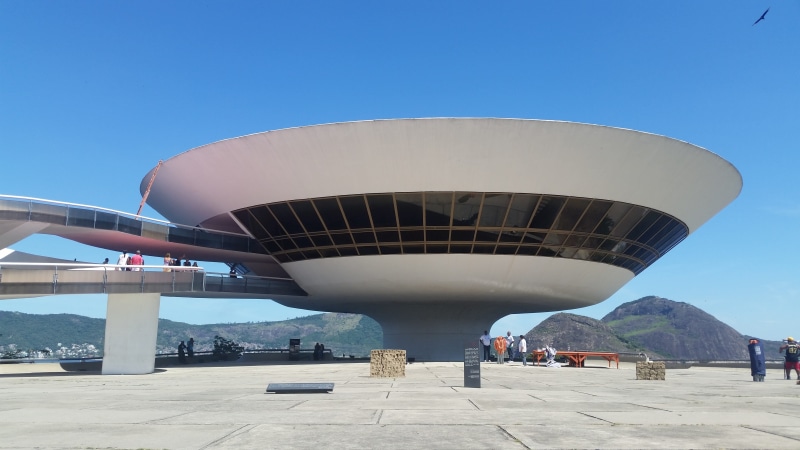 sunny, outdoors, museum, blue, adult, tourism, niemeyer way, niterói, janeiro, modern, 5K, water, city, building exterior, clear sky, built structure