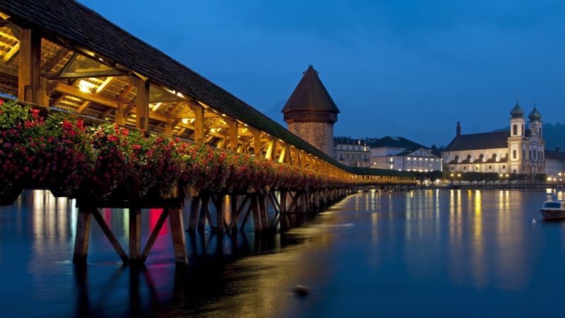 connection, nature, sky, dusk, no people, reflection, flowers, building exterior, river, 1080P, flower, Luzern, travel destinations, bridge, flowering plant