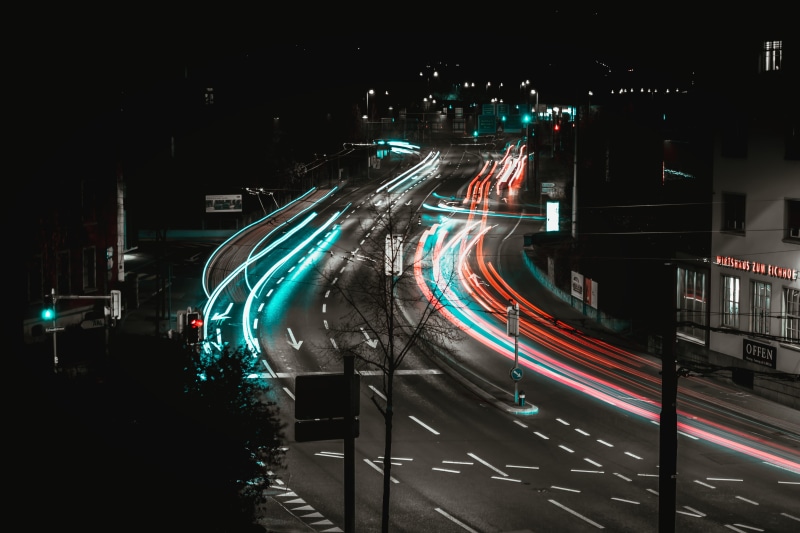 city life, road, night, city street, light trail, way, cars, asphalt, no people, speed, vehicle, tarmac, spatz hotel, outdoors, exposure, traffic, long exposure