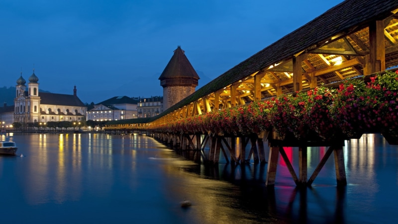 bridge, Luzern, reflection, 1080P, flowers