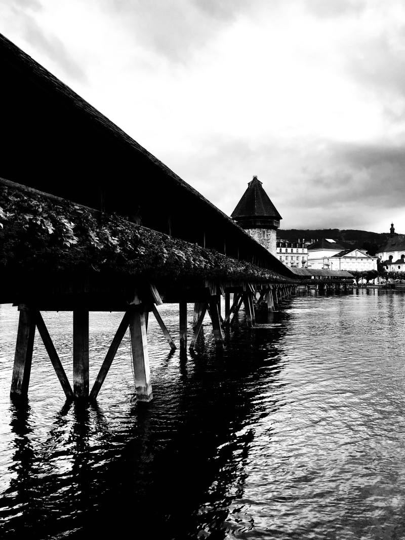 stilt, architecture, wet, built structure, pier, roof, sky, switzerland, outdoors, 4K, waterfront, kapellbrücke, nature, cloud - sky, architectural column