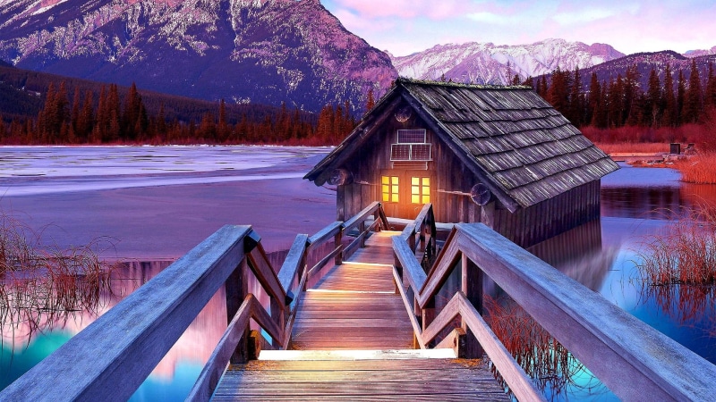 lake, mountains, 1080P, scenery, scenery nature, house, stairs, boathouse, mountain lake